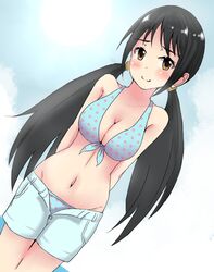  1girl bikini black_hair breasts brown_eyes cleavage idolmaster idolmaster_cinderella_girls long_hair nakano_yuka polka_dot polka_dot_bikini polka_dot_swimsuit smile solo swimsuit twintails tyuuryakunya 