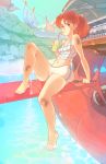  1girl airplane barefoot camisole dirty_face drinking_straw feet_in_water fio_piccolo highres kurenai_no_buta long_hair ocean ponytail propeller redhead rtil short_shorts shorts small_breasts soaking_feet solo studio_ghibli sweatdrop toes water wrench 