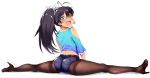  1girl antenna_hair ass black_hair black_legwear blue_eyes blush denim denim_shorts earrings fang ganaha_hibiki hair_ribbon high_heels idolmaster jewelry legwear_under_shorts long_hair pantyhose ponytail ribbon short_shorts shorts smile solo split thighband_pantyhose yokkora 