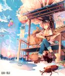  1girl balloon bench brown_hair bug bus_stop closed_eyes clouds cloudy_sky denim dog guitar hair_ornament instrument jeans jewelry kirero necklace original pants playing_instrument rain shirt singing sitting sky solo tree 