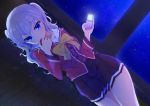  1girl blue_eyes bowtie charlotte_(anime) digital_media_player dutch_angle hym9594 lying night night_sky on_side pleated_skirt school_uniform serafuku silver_hair skirt sky star_(sky) starry_sky thighs tomori_nao two_side_up 