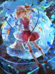  1girl blonde_hair flandre_scarlet flower full_body full_moon hat highres moon petals red_eyes short_hair side_ponytail solo touhou vima wings 