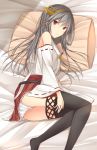  1girl bare_shoulders brown_eyes detached_sleeves grey_hair hairband haruna_(kantai_collection) headgear highres kanpyo_(hghgkenfany) kantai_collection lace lace-trimmed_thighhighs long_hair looking_at_viewer lying nontraditional_miko on_side panties pillow pleated_skirt red_skirt skirt solo thigh-highs underwear white_panties 