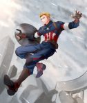  1boy akatsuki_sora avengers avengers:_age_of_ultron blonde_hair boots captain_america marvel shield solo steve_rogers superhero 
