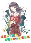  1girl black_hair double_bass english euphonium hibike!_euphonium highres hime_cut instrument kousaka_reina long_hair musical_note saxophone trombone trumpet violet_eyes 