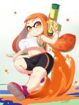  1girl belly bike_shorts blueberry_(5959) breasts inkling long_hair mask oppai_loli orange_eyes orange_hair paint_splatter payot pointy_ears shoes smile sneakers solo splatoon squid super_soaker tentacle_hair tentacles twintails under_boob 