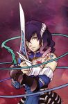  1girl artist_request black_hair bloodstained:_ritual_of_the_night blue_eyes brown_hair dual_wielding earrings faulds gradient_hair hair_between_eyes highres horns jewelry miriam_(bloodstained) mismatched_sleeves multicolored_hair pale_skin short_hair single_gauntlet solo sword tattoo upper_body weapon whip 
