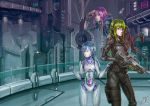  2015 3girls alpha_(acerailgun) android armor assault_rifle blue_hair borrowed_character city fingerless_gloves floating full_armor ghost gloves green_eyes green_hair gun isabelle_(acerailgun) long_hair marwan_islami multiple_girls original pointing pointy_ears purple_hair rifle rynn_(acerailgun) scarf signature transparent violet_eyes weapon yellow_eyes 