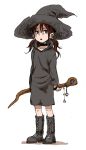  1girl boots brown_eyes brown_hair earrings hat highres jewelry kijouyu_udon low_twintails open_mouth original simple_background solo staff standing twintails white_background witch witch_hat 