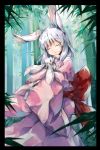  1girl alternate_costume animal animal_ears animal_hug bamboo bamboo_forest closed_eyes forest frame highres japanese_clothes kimono long_sleeves murachiki nature rabbit rabbit_ears reisen_udongein_inaba silver_hair smile solo tears touhou wide_sleeves 