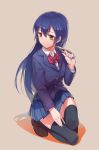  1girl blue_hair gensou_kuro_usagi long_hair love_live!_school_idol_project school_uniform smile solo sonoda_umi thigh-highs 