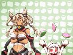 2girls ahoge arms_up breasts budget_sarashi cape clearfile covered_mouth crossed_arms dress headgear hishimochi horns kantai_collection large_breasts long_hair looking_at_viewer mittens multiple_girls musashi_(kantai_collection) navel northern_ocean_hime red_eyes sarashi shinkaisei-kan two_side_up white_dress white_hair white_skin 