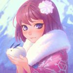  1girl animal eyelashes fur_collar hair_ornament holding_animal ilya_kuvshinov japanese_clothes kimono lips nose original rabbit redhead short_hair solo upper_body violet_eyes 