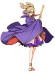  1girl brown_eyes brown_hair cape dress earmuffs full_body kumadano looking_at_viewer one_eye_closed ritual_baton sandals short_hair simple_background smile solo sword touhou toyosatomimi_no_miko weapon white_background 