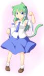  1girl animal_ears armpits blue_eyes blush breasts cat_ears cat_tail collared_shirt detached_sleeves frog_hair_ornament green_hair hair_ornament kemonomimi_mode kochiya_sanae loafers looking_at_viewer necktie nitizyo paw_pose pigeon-toed shirt shoes skirt smile snake_hair_ornament socks solo tail touhou vest 