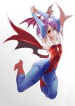  1girl armpits arms_up blue_legwear boots gradient gradient_background head_wings highres hiro1984 leotard lilith_aensland looking_at_viewer low_wings pantyhose print_legwear purple_hair red_eyes short_hair simple_background small_breasts smile solo vampire_(game) wings 
