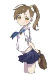  arms_behind_back brown_eyes brown_hair cropped_legs from_side futami_mami idolmaster leaning_forward looking_at_viewer midriff pleated_skirt school_briefcase school_uniform serafuku side_ponytail simple_background skirt smile spawnfoxy white_background 
