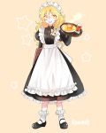  1girl alternate_costume amber_eyes apron black_dress blonde_hair braid dress drinking_glass enmaided highres juliet_sleeves kirisame_marisa long_hair long_sleeves maid maid_apron maid_headdress menu omelet open_mouth puffy_sleeves rosette_(roze-ko) single_braid smile star touhou tray very_long_hair 