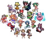  6+girls ;d ^_^ animal_ears arm_cannon barefoot bell biwa_lute black_hair black_wings blonde_hair blue_eyes blue_hair bow bowl braid broom brown_eyes brown_hair bun_cover cape cat_ears cat_tail closed_eyes disembodied_head double_bun dress eyeball fan flower full_body funamushi_nomore gourd green_eyes green_hair hair_bell hair_bow hair_bun hair_flower hair_ornament hair_ribbon hairband hat hata_no_kokoro head_fins heart heart_of_string horn_ribbon horns ibaraki_kasen ibuki_suika imaizumi_kagerou instrument jacket japanese_clothes kaenbyou_rin kasodani_kyouko kijin_seija kimono komeiji_koishi kurodani_yamame lavender_hair long_hair long_sleeves looking_at_viewer lute_(instrument) mask mermaid miracle_mallet monster_girl motoori_kosuzu multicolored_hair multiple_girls multiple_tails musical_note needle noh_mask object_on_head one_eye_closed open_mouth orange_hair pink_eyes pink_hair puffy_sleeves rabbit_ears red_eyes redhead reisen_udongein_inaba reiuji_utsuho ribbon sekibanki shirt short_hair short_sleeves simple_background skirt skull smile string sukuna_shinmyoumaru tail third_eye touhou tsukumo_benben tsukumo_yatsuhashi twin_braids twintails wakasagihime weapon white_background wide_sleeves wings wolf_ears 