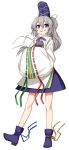  1girl blue_eyes blush boots bowtie full_body grey_hair hands_in_sleeves hat highres kumadano long_hair long_sleeves mononobe_no_futo pom_pom_(clothes) ponytail ribbon simple_background smirk solo tate_eboshi touhou white_background wide_sleeves 