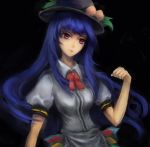  1girl black_background blue_hair chen_feng_si faux_traditional_media food fruit hat head_tilt hinanawi_tenshi layered_dress leaf lips long_hair looking_at_viewer parted_lips peach raised_hand red_eyes ribbon short_sleeves simple_background solo touhou 