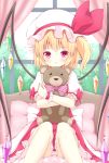  1girl blonde_hair commentary_request doll_hug dress flandre_scarlet hakuto_(28syuku) hat hat_ribbon looking_at_viewer mob_cap pink_eyes puffy_short_sleeves puffy_sleeves red_dress ribbon shirt short_sleeves side_ponytail sitting solo stuffed_animal stuffed_toy teddy_bear touhou window wings wrist_cuffs 