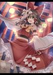  1girl bow bridal_gauntlets brown_hair detached_sleeves face_mask fireworks gohei green_eyes hair_bow hair_tubes hakurei_reimu lantern long_hair long_sleeves mask midriff shirt skirt skirt_set sky smile solo star_(sky) starry_sky torii touhou uruha_(yw1109) wide_sleeves 