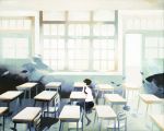  1girl absurdres brown_hair classroom desk fish flying from_side highres indoors otonai_chiaki pleated_skirt school school_uniform serafuku short_hair short_sleeves sitting skirt solo surreal traditional_media window 