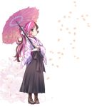  1girl boots brown_eyes brown_hair cross-laced_footwear floral_background hakama helpyourselfish heterochromia high_heel_boots high_heels japanese_clothes kimono looking_at_viewer multicolored_hair neo_(rwby) oriental_umbrella petals pink_eyes pink_hair rwby solo umbrella 