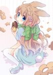  animal_ears blue_eyes brown_hair doughnut dress food from_behind long_hair looking_back original rabbit_ears rougetsu scarf shoes sitting tail thigh-highs 