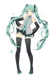  1girl boots detached_sleeves green_eyes green_hair hands_on_hips hatsune_miku headset long_hair lp_(hamasa00) necktie skirt solo thigh-highs thigh_boots twintails very_long_hair vocaloid white_background 