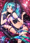  1girl aile_(crossroads) aqua_hair breasts dark_persona demon_tail hatsune_miku headphones long_hair midriff red_eyes skirt smile solo tail thigh_strap twintails very_long_hair vocaloid 