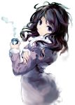  1girl black_hair can coat from_side haori_iori long_hair looking_at_viewer messy_hair original simple_background smile solo violet_eyes white_background winter_clothes winter_coat 