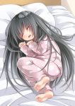  barefoot bed black_hair child creek_(moon-sky) fang fetal_position highres long_hair lying on_side open_mouth original pajamas pillow sleeping very_long_hair 