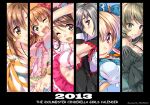  2013 6+girls ;3 ;d artist_name blonde_hair blue_eyes blush breasts brown_eyes brown_hair candy cleavage collarbone column_lineup copyright_name crop_top fringe futaba_anzu green_eyes green_hair grey_hair highres idolmaster idolmaster_cinderella_girls kanzaki_ranko lollipop midriff mole mole_under_eye moroboshi_kirari multiple_girls one_eye_closed open_mouth parted_lips piromizu red_eyes shimamura_uzuki shirt smile striped striped_legwear striped_shirt takagaki_kaede thigh-highs totoki_airi violet_eyes 