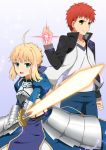  1boy 1girl air_0497 armored_sword blonde_hair command_spell emiya_shirou excalibur fate/stay_night fate_(series) glowing glowing_sword glowing_weapon redhead saber track_jacket weapon 