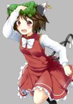  1girl :d animal_ears blush cat_ears cat_tail chen chinese_clothes frilled_skirt frills hat holding holding_hat jewelry kitsunetsu_(rcu_be1s) looking_at_viewer mob_cap multiple_tails open_mouth red_eyes shirt short_hair single_earring skirt smile solo tabard tail touhou two_tails 