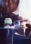  auburn_hair book bottle chair crossed_arms curtains hat highres lamp lens long_hair original popopo5656 sitting solo table vial window witch_hat 