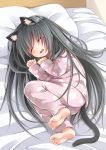  animal_ears barefoot bed black_hair cat_ears child creek_(moon-sky) drooling fake_animal_ears fetal_position highres long_hair lying on_side open_mouth original pajamas pillow sleeping tail very_long_hair 
