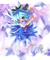  :d blue_eyes blue_hair bow cirno hair_bow ice katahira_masashi open_mouth short_hair smile snowflake snowflakes touhou wings 