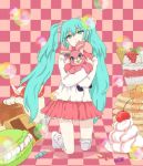  :d aqua_eyes aqua_hair cake candy checkerboard_cookie chocolate cookie food hatsune_miku keru kneeling long_hair lots_of_laugh_(vocaloid) macaron open_mouth pastry skirt smile socks solo stuffed_animal stuffed_toy twintails vocaloid 