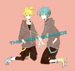  aqua_eyes aqua_hair blonde_hair casual digital_media_player genderswap hatsune_mikuo headphones hoodie ipod kagamine_len kazuta male multiple_boys short_hair vocaloid 