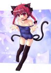  braid cat_ears cat_tail etogami_kazuya hair_ribbon highres kaenbyou_rin multiple_tails one-piece_swimsuit red_eyes red_hair redhead ribbon school_swimsuit short_hair solo strap_pull swimsuit tail thigh-highs thighhighs touhou twin_braids twintails zoom_layer 