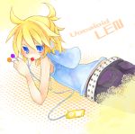  bad_id belt blonde_hair blue_eyes candy casual digital_media_player headphones hoodie ipod kagamine_len lollipop looking_back lying male on_stomach short_hair shorts solo togata vocaloid 