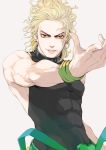  abs bare_shoulders blonde_hair bracelet collar dio_brando earrings eyelashes haato highres jewelry jojo_no_kimyou_na_bouken lips male red_eyes simple_background skin_tight solo 
