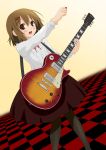  brown_hair checkered dutch_angle frills fuwafuwa_time guitar hirasawa_yui instrument k-on! kisaragi_miyu les_paul pantyhose plectrum short_hair solo 