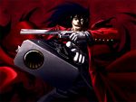  black_hair dual_wield dual_wielding fangs gloves gun hellsing long_hair male open_mouth red_eyes tect vampire weapon 