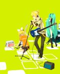  aqua_hair ariori_haberi bass_guitar blonde_hair blue_eyes boots casual contemporary drum guitar hair_ribbon hand_on_headphones hatsune_miku headphones headphones_around_neck hotpants instrument kagamine_len kagamine_rin long_hair microphone microphone_stand ribbon short_hair short_shorts shorts speaker strat(guitar) twintails vocaloid 