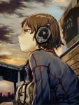 abe_yoshitoshi absurdres bag brown_hair headphones highres listening_to_music original short_hair tears track_jacket train_station yoshitoshi_abe 