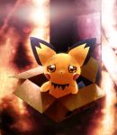  box cardboard_box for_adoption in_container no_humans pichu pokemon pokemon_(creature) rain sad tears toitoi508 